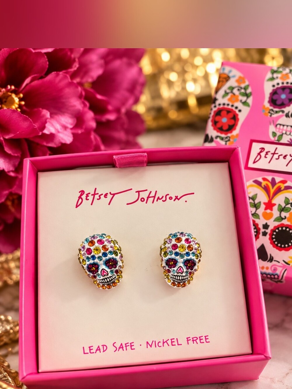 Betsey Johnson Gold-Tone Multicolor Crystal Sugar Skull Stud Earrings